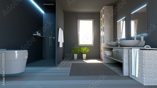 Bagno moderno, arredamento completo di sanitari, doccia e supplementi di arredo. 3d rendering photo