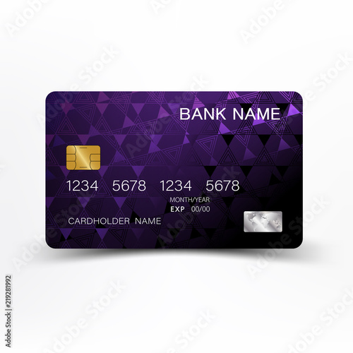 Modern credit card template design. With inspiration from the line abstract. Purple and black color on gray background illustration. Glossy plastic style.
