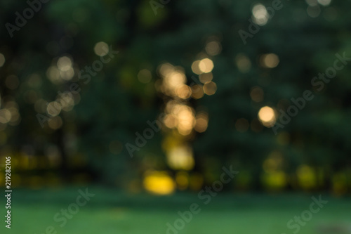 abstract concept of unfocused blurred bokeh natural outdoor park scenery landscape with empty space for copy or text on green background 