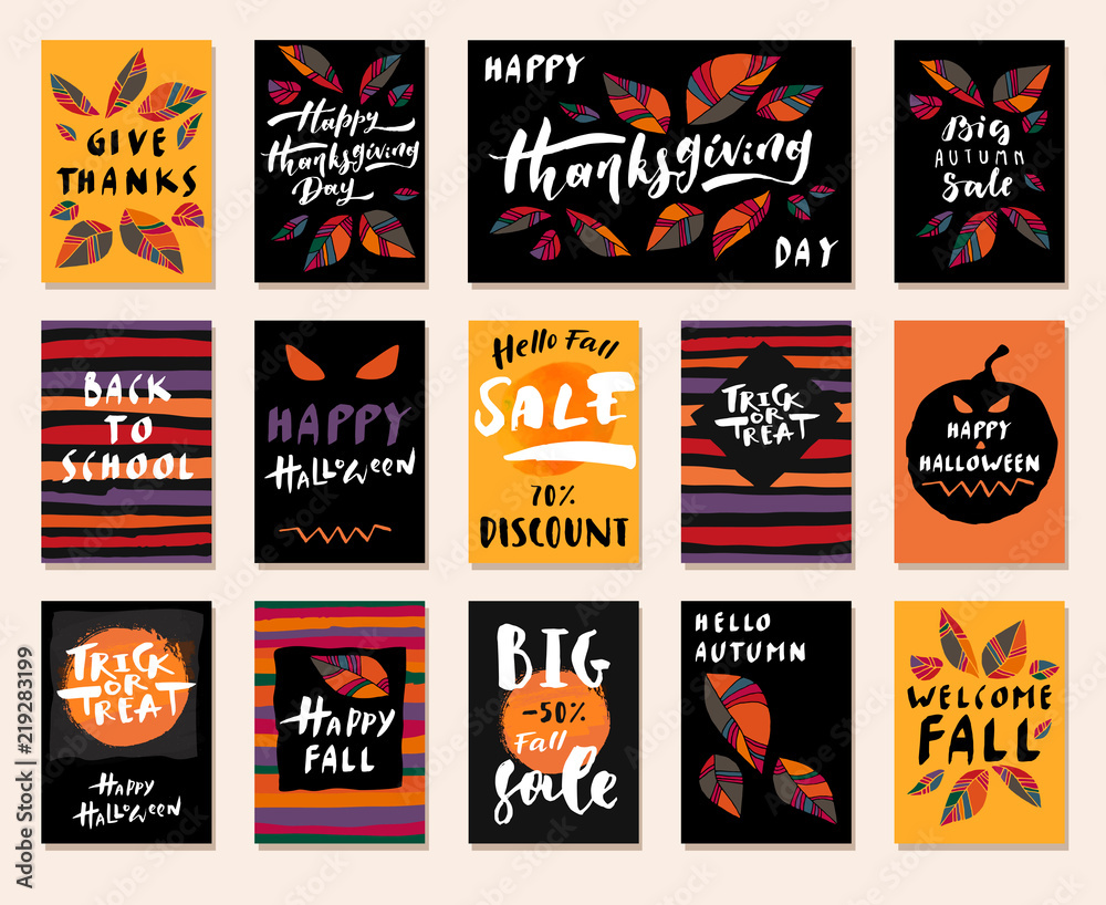 Big Autumn Sale. Happy Fall Y'all. Hello Autumn. Back To School. Happy Halloween.  Trick or Treat. Happy Thanksgiving Day. Set of modern calligraphic posters. Hand lettered greeting cards