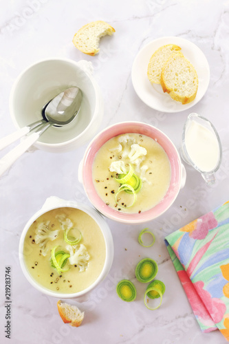 French cuisine: potage Dubarry. Cauliflower and leek cream soup