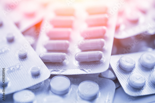 Different medicines: tablets, pills in blister pack, medications drugs, macro, s Fototapeta