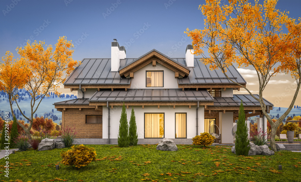 3d rendering of modern cozy house in chalet style with garage for sale or rent with large garden and lawn. Cool autumn evening with soft light from window.