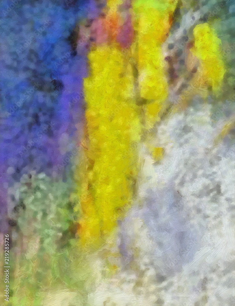 Detailed close-up grunge multi color abstract background. Dry textured brush strokes hand drawn oil painting on canvas texture. Creative simple pattern for graphic work, web design or wallpaper. Aged.