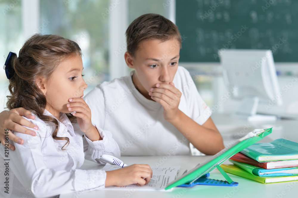 Portrait of brother and sister doing homework Portrait of brother and sister doing homework