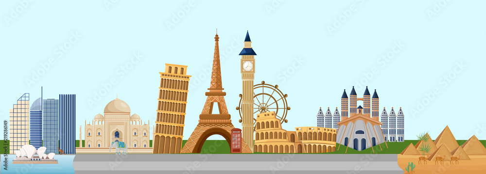 Discover Europe travel banner Vector. Main tourist attractions with Eiffel Tower, Pisa, Coliseum etc