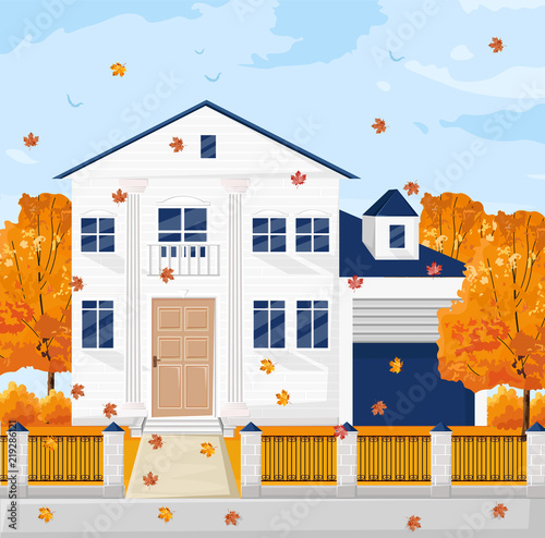 Architecture facade white french cottage house Vector. Fall autumn season bac...