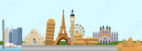 Discover Europe travel banner Vector. Main tourist attractions with Eiffel Tower, Pisa, Coliseum etc