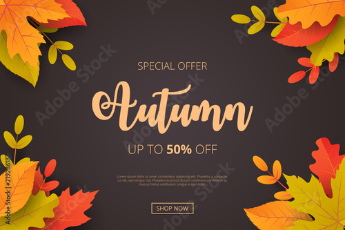 Autumn sale background with leaves. Can be used for shopping sale, promo poster, banner, flyer, invitation, website or greeting card. Vector illustration