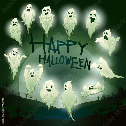 Collection of ghost cartoon haunting on halloween background.