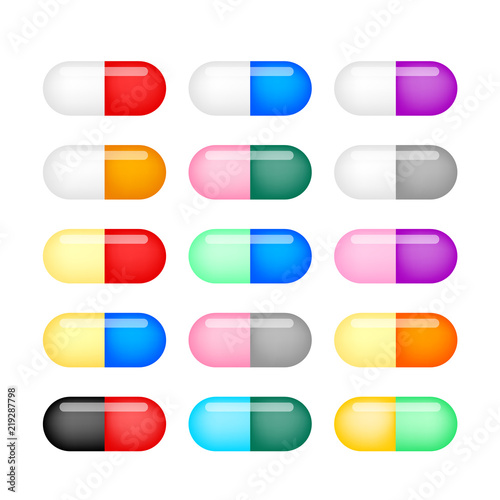 Colorful capsules. Vector illustration. Set of pills capsules in different colors isolated on white background.