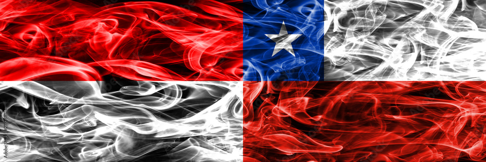 Indonesia vs Chile smoke flags placed side by side. Thick colored silky smoke flags of Indonesian and Chile Indonesia vs Chile smoke flags placed side by side. Thick colored silky smoke flags of Indonesian and Chile