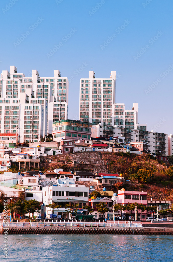 Yeosu harbor with city buildings view, South Korea
