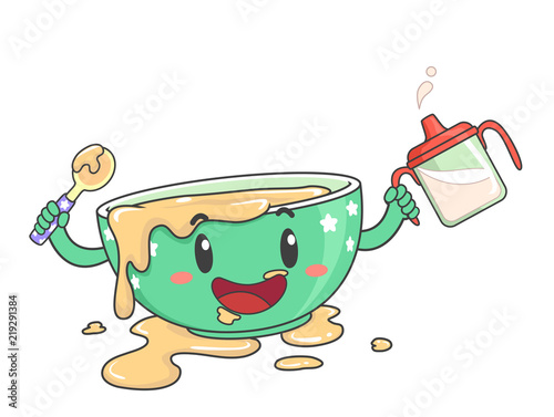 Toddler Bowl Mascot Messy Food Illustration