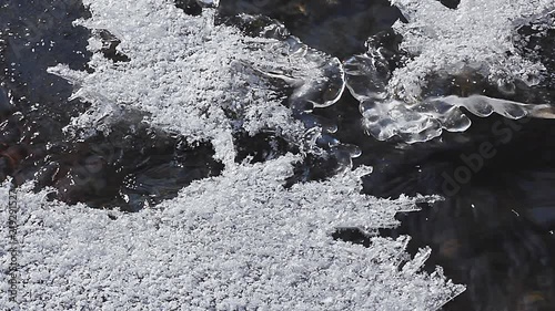 Water is flowing among the  acutely outlined pieces of ice