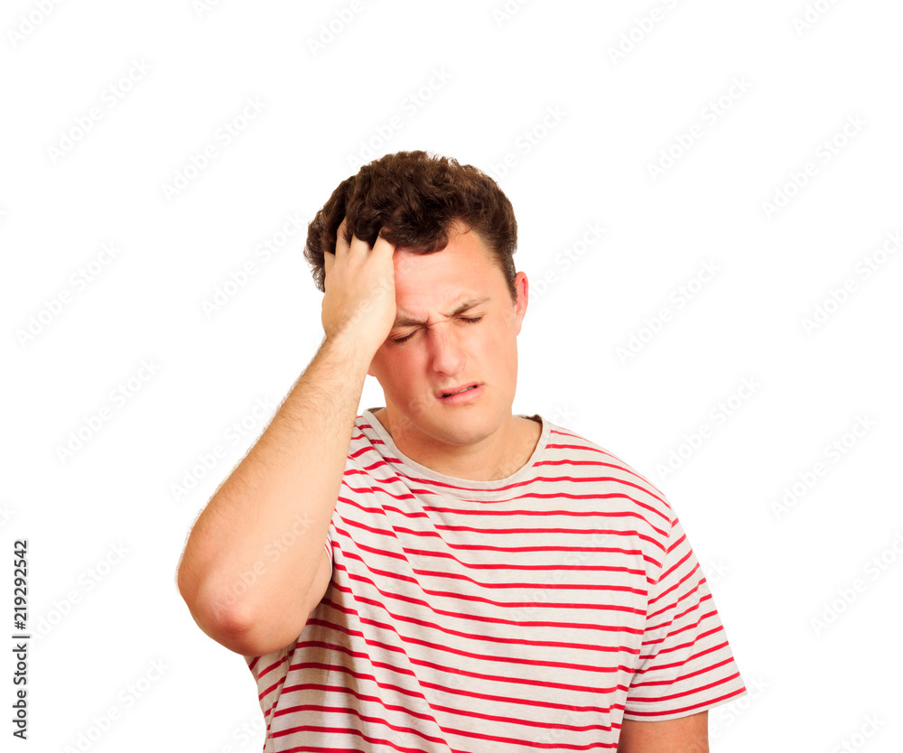 Miserable and gloomy guy with messy hair, frowning man feels pain. emotional man isolated on white background Miserable and gloomy guy with messy hair, frowning man feels pain. emotional man isolated on white background