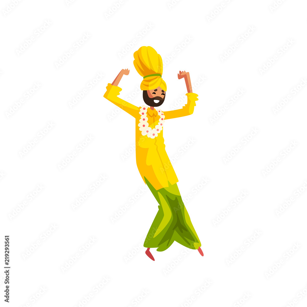 Young man in traditional Indian clothes dancing folk dance vector Illustration on a white background Young man in traditional Indian clothes dancing folk dance vector Illustration on a white background