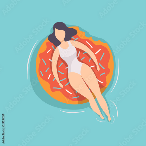 Young beautiful brunette woman floating on air mattress in the shape of donut in swimming pool, top view vector Illustration