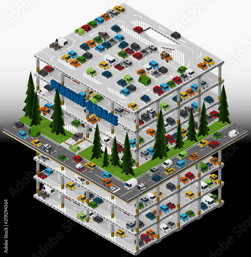 Vector isometric illustration of a multi storey car park and parked vehicles describing the internal structure of a multi-level parking garage.