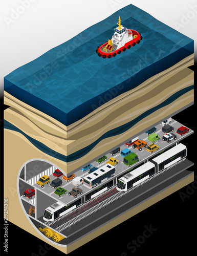Vector isometric illustration of an element of urban infrastructure consisting of a subway tunnel and underground car tunnel.
