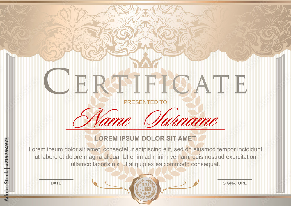 White and gold luxury certificate in the Royal style Vintage, Rococo, Baroque, glamour. With pearlescent glow and gold. Decorated with classic floral ornament, columns, flouris, crown