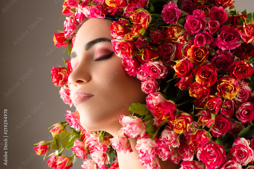 beautiful makeup profile face with roses closeup