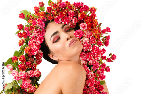 beautiful sexy woman with red roses flower on head
