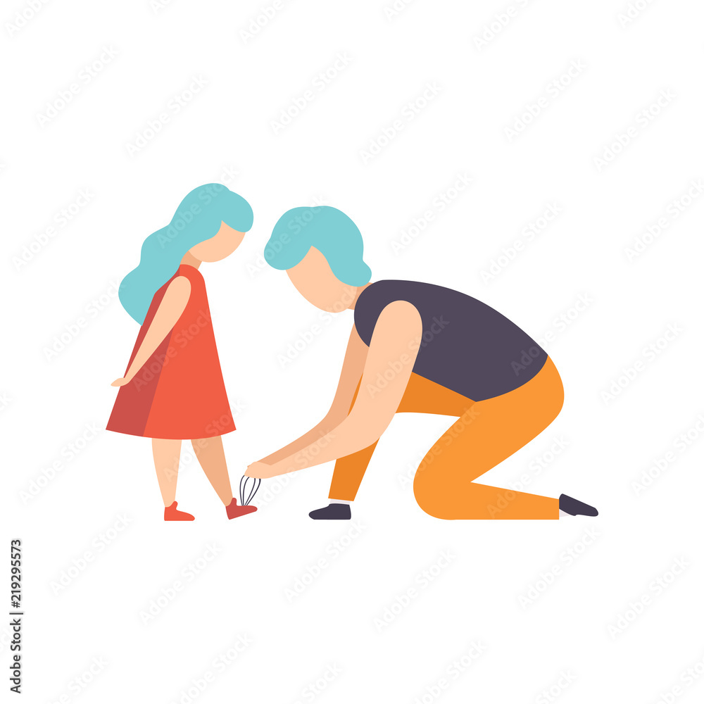 Father tying the laces of his little daughter, dad taking care of his child vector Illustration on a white background