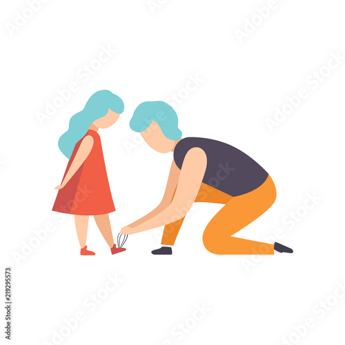 Father tying the laces of his little daughter, dad taking care of his child vector Illustration on a white background