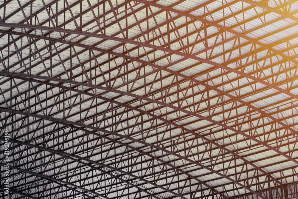 Steel structure of big auditorium and roof metal sheet. Stock Photo