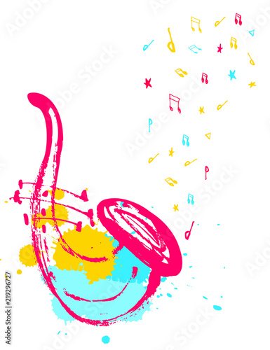 Hand Drawn saxophone illustration with splashes and notes in shape of wave for music poster. Grunge festival