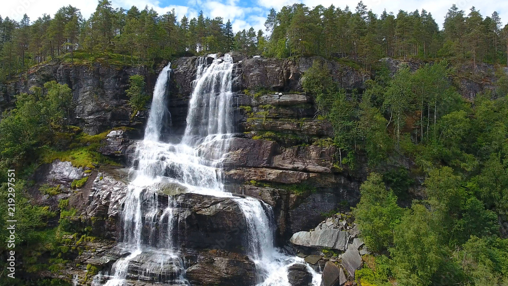 Obraz premium Aerial view of Tvindefossen or Tvinnefossen waterfall near Voss in Norway