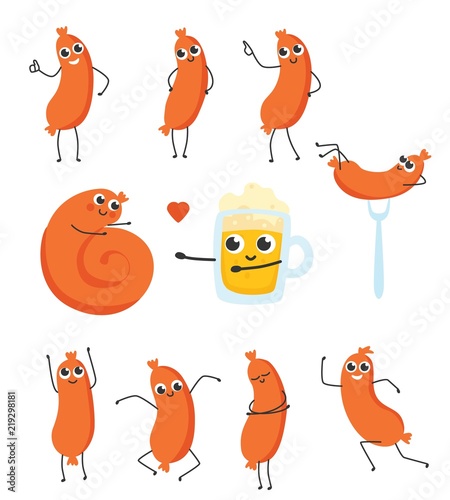 Vector funny sausage characters jumping, running showing thumbs up gesture or dancing having fun and beer cup set. Delicious fast food, frankfurter or barbecue meal for cafe, bbq restaurants design.