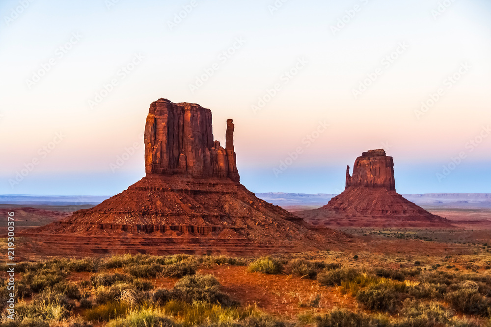 The West and East Mittens Butte in Monument Valley Navajo Tribal Park at dusk, Arizona, USA.