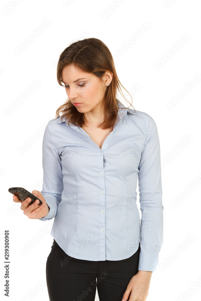 beautiful young woman in blue shirt calling beautiful young woman in blue shirt calling