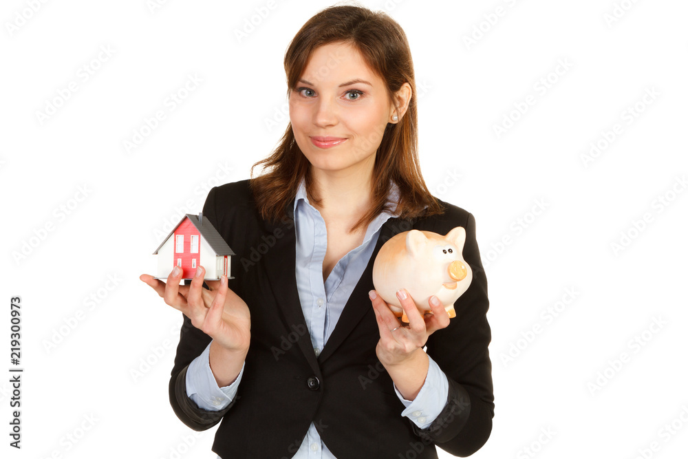 beautiful woman with piggybank and house isolated beautiful woman with piggybank and house isolated