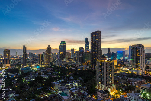 beautiful sunset cityscape of Bangkok city downtown at night , landscape Thailand