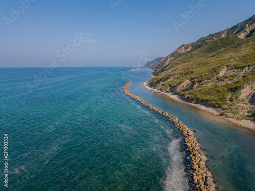 Italia, Agosto 2018 - vista aerea del parco san bartolo a Pesaro, con la falesia che va a picco sul mare