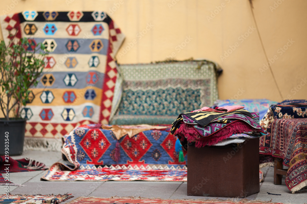 Traditional Georgian Carpets and Kilim Rugs with typical geometrical patterns in Tbilisi Georgia Europe