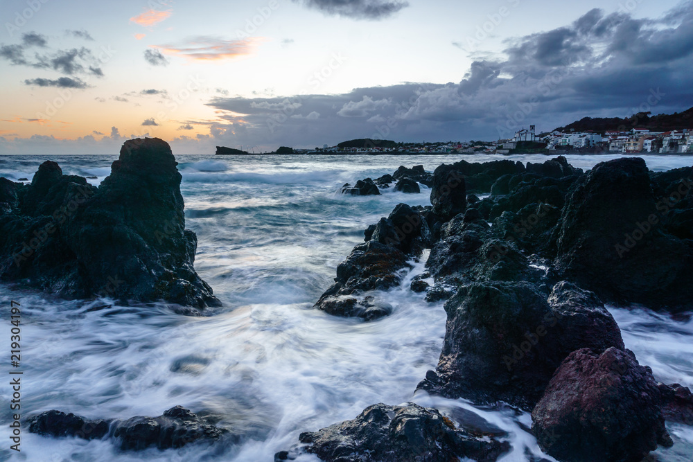 Küste von Sao Roque, Sonnenuntergang, Sao Miguel, Azoren, Portugal