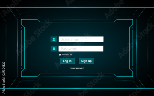Log in page ui design on technology futuristic interface hud background.