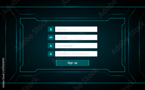 sign up ui design on technology futuristic interface hud background.