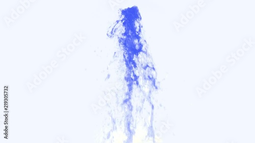 Isolated water spout spraying in the air. Water fountain shoots water vertically on white background. Water flows upwards, then falls.