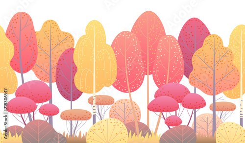 Line Horizontal Seamless Border with Autumn Trees and Bushes