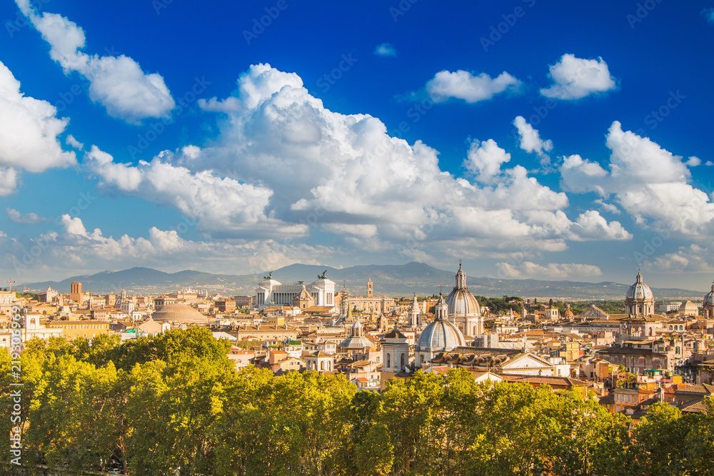 Roman landscape, panoramic skyline view of Rome from Castel Sant'Angelo, Italy 