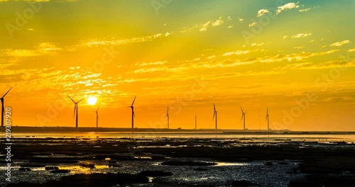 Taichung County Gaomei Wetlands Wildlife Refuge  wind power  timelapse beautiful sunset in taiwan