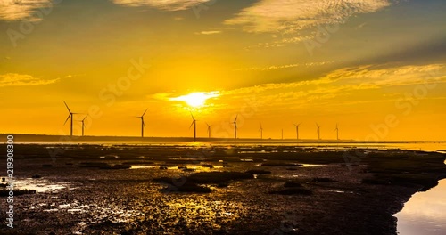 Taichung County Gaomei Wetlands Wildlife Refuge  wind power  timelapse beautiful sunset in taiwan