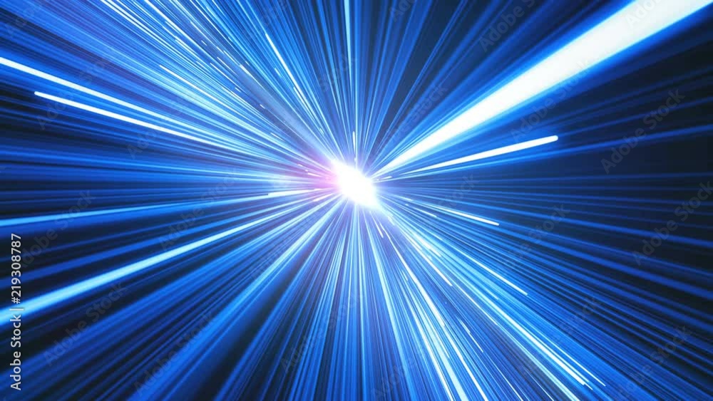 Abstract Hyperspace Jump in Universe. Beautiful Space Travel Through Stars Trails Blue Color to the Sun. Digital Design Concept. Looped 3d Animation of Glowing Lines 4k Ultra HD 3840x2160.