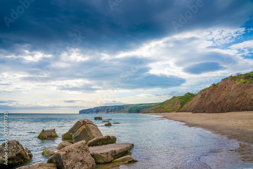 Filey bay Beach on Yorkshire coast near Reighton Gap and Speeton at sunrise
