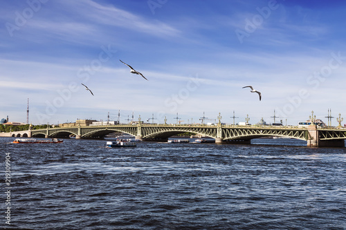View of the Trinity Bridge across the Neva River, St. Petersburg, Russia